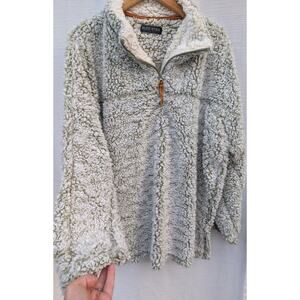 Faux Sherpa Quarter Zip Pullover Sweater Womens Sz XL Cream Green Blue Star Cozy